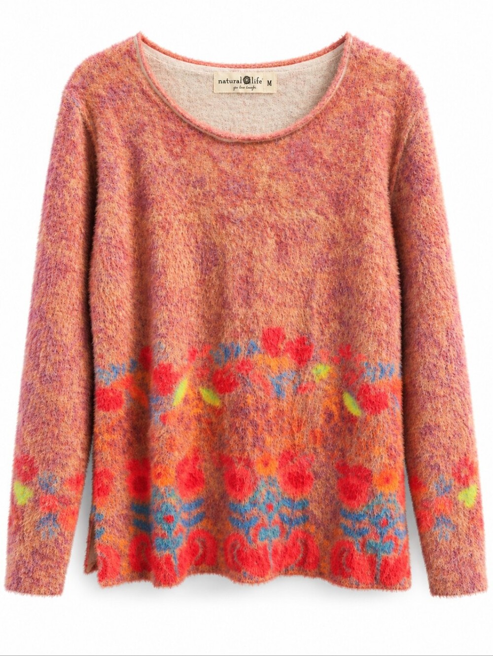 Natural Life Pink Neon Floral Fuzzy Eyelash Knit Sweater M Boho, Dopamine